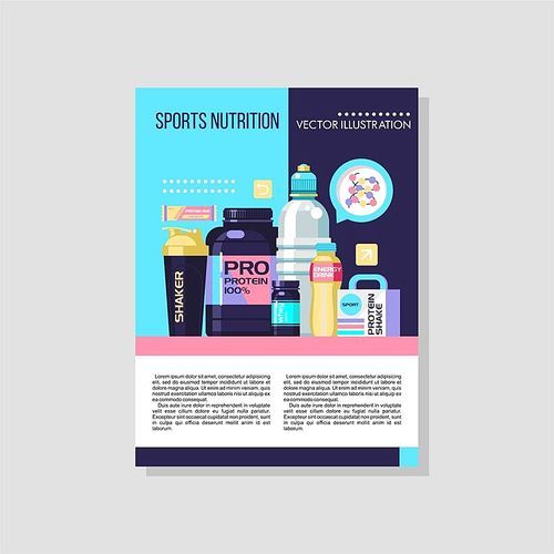 Protein, sports nutrition, energy drinks, water, shaker bottle, dumbbells. Vector illustration. Flyer, magazine.