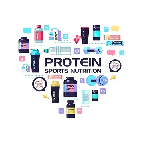 Set of design elements, which are arranged in the shape of a heart. Protein, sports nutrition, water, shaker, dumbbell, energy drinks.