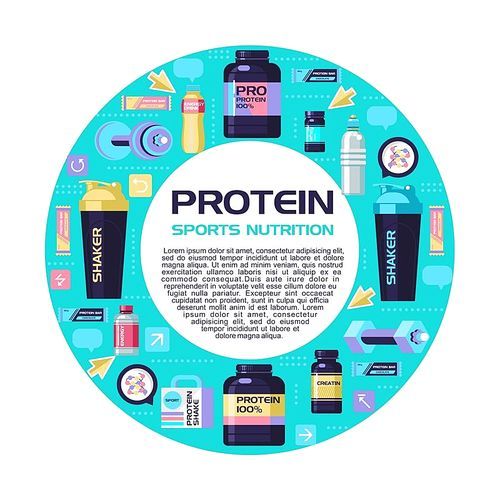 Protein, sports nutrition, water, shaker, dumbbell, energy drinks. Set of design elements arranged in a circle. With place for text.