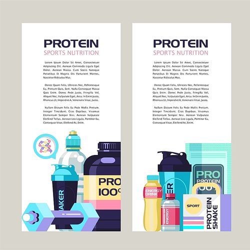 Protein, sports nutrition, energy drinks, water, shaker bottle, dumbbells. Set of vector illustrations with space for text.