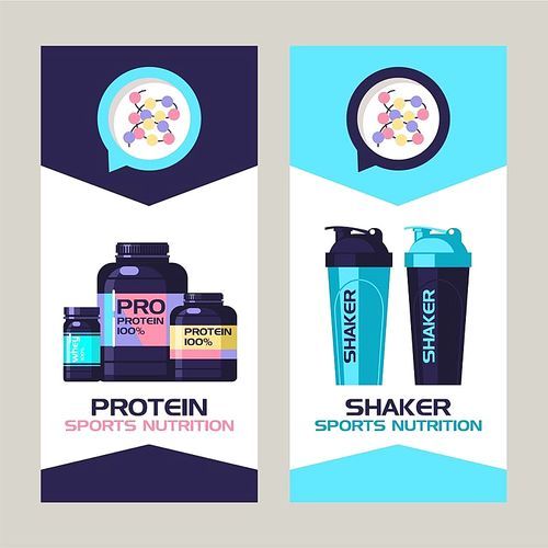 Protein, sports nutrition. Vector set of design elements.