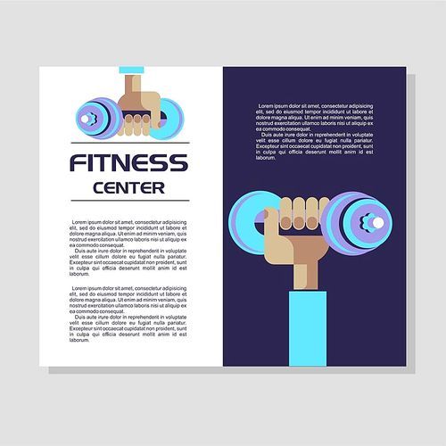 The hand holding the dumbbell. The emblem of the fitness center. Vector illustration with place for text. Flyer.