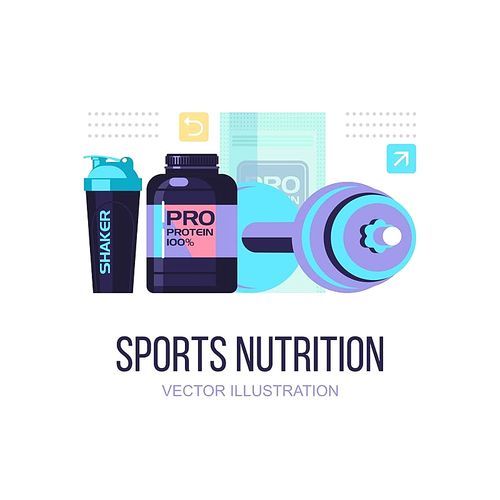 Protein, shakers, dumbbell, energy drinks. Fitness. Sports nutrition. Vector illustration isolated on white . Set of design elements.
