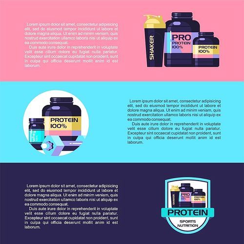 Protein, sports nutrition. Set of banners with place for text. Vector icons and logos.