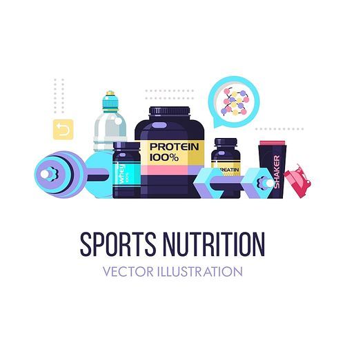 Sports nutrition. Fitness. Protein, shakers, dumbbell, energy drinks. Set of design elements. Vector illustration isolated on white .