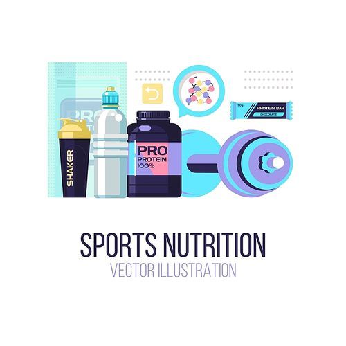 Protein, shakers, dumbbell, energy drinks. Sports nutrition. Fitness. Set of design elements. Vector illustration isolated on white .