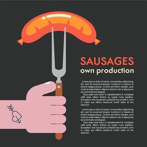 Grilled sausage on a fork in his hand. Own production. Vector illustration.