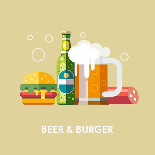 Beer and products. Beer mug, bottle of beer, sausage, hamburger. Vector illustration in flat style.