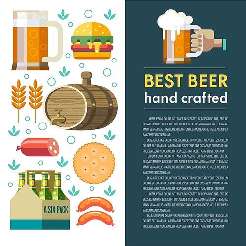 Best beer hand crafted. Vector illustration. Set of design elements. Beer mug, keg of beer, sausages, wheat, biscuits, packaging of bottled beer.