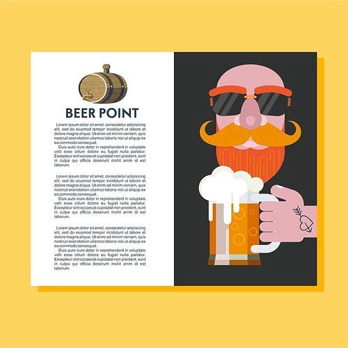 Best beer handmade. Colorful vector illustration with place for text. A bald man with a beard in sunglasses and a beer at the tattooed hand.
