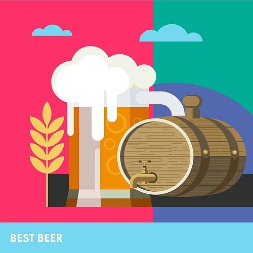 mug of beer and a keg of beer. colorful poster. the best beer. -friendly products.