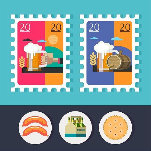 Design a postage stamp. A mug of beer in his hand. A keg of beer and a mug. The icons set. Sausage, biscuits, packaging of bottled beer.