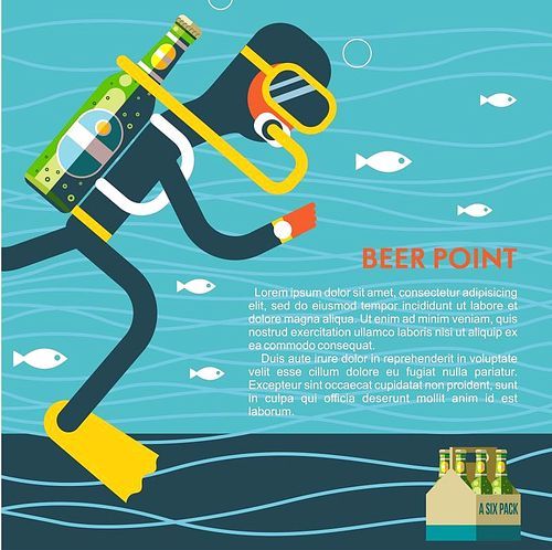 The diver with a bottle of beer instead of oxygen. Funny illustration for lovers of beer and diving with place for text.
