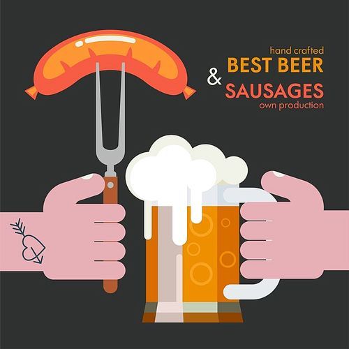 A mug of beer in his hand. Grilled sausage on a fork in his hand. Vector illustration. Best beer brewed by hand.