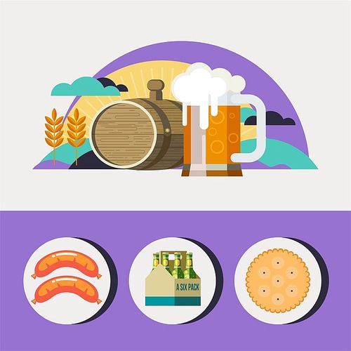 beer mug and keg of beer. the best beer. wheat field, sun, clouds. -friendly products. vector icons. sausages, a pack of beer, cookies.