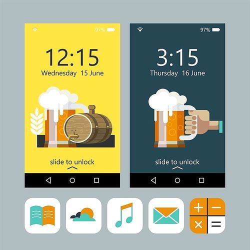Wallpaper on the phone. A mug of beer in hand, beer mug and a beer keg. Set of vector icons for your phone.