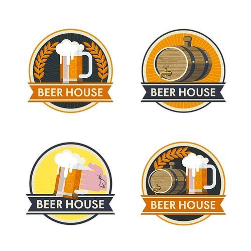 Beer house. Vector set of logos. Beer mug, beer barrel.