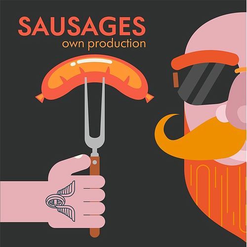Grilled sausage on a fork in his hand. Bald bearded man gourmet. Vector illustration.