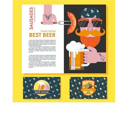 a bearded man in a bandana with sunglasses. beer mug ed hands. grilled sausage on a fork in his hand. design corporate business cards beer bar logo.