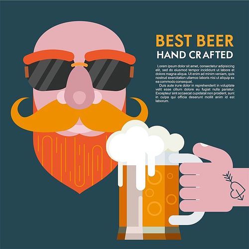 A bald man with a beard in sunglasses and a mug of beer in a tattooed hand. The best beer hand crafted. Vector illustration with place for text.