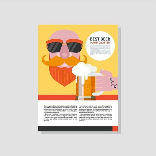 Best beer handmade. A bald man with a beard in sunglasses and a beer at the tattooed hand. Colorful vector illustration with place for text.