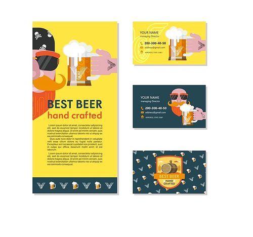A bearded man in a bandana with sunglasses. A mug of beer in his hand with a tattoo. Design of corporate business cards and flyers pub logo.