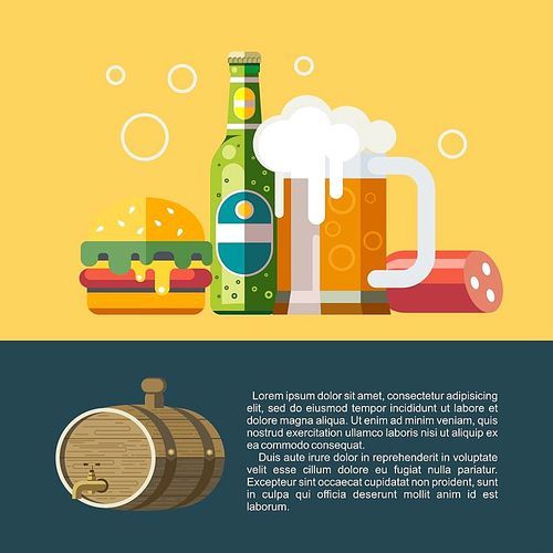 Beer, vector illustration. Mug of beer, bottled beer, beer keg, hamburger, sausage.