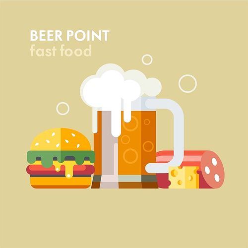 Beer and products. A mug of beer, sausages, cheese, Burger. Vector illustration in flat style.