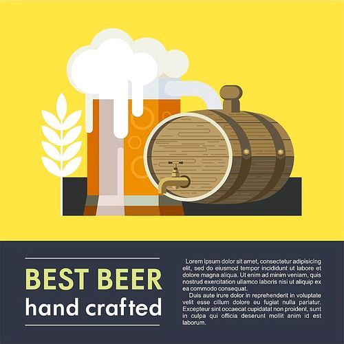 The best beer. Mug of beer and a keg of beer. Colorful poster advertising beer.