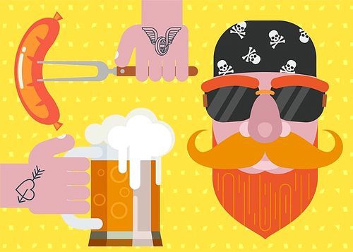 Man with a beard wearing a bandana with sunglasses. Mug of beer tattooed hand. Grilled sausage on a fork in his hand. Colorful vector illustration.