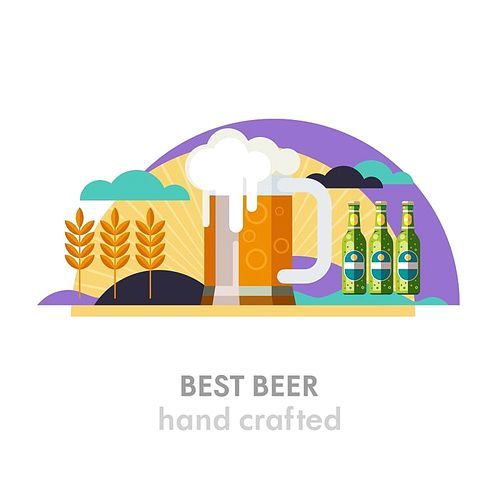 beer mug and beer bottle. the best beer. wheat field, sun, clouds. -friendly products. vector illustration in flat style.