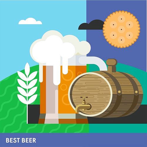 colorful poster. mug of beer and a keg of beer. the best beer. -friendly products.