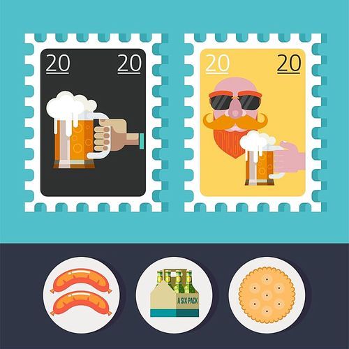Design a postage stamp. Set of vector icons. Mug of beer, sausage, biscuits, packaging of bottled beer.