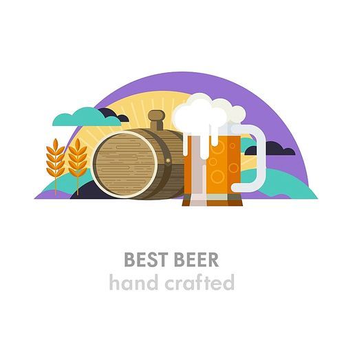 Mug of beer and a beer keg. The best beer.Wheat field, sun, clouds. Environmentally friendly products. Vector illustration in flat style.