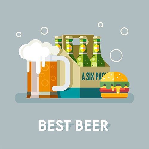 The best beer. Mug of beer and pack of bottled beer. Hamburger. Vector illustration.
