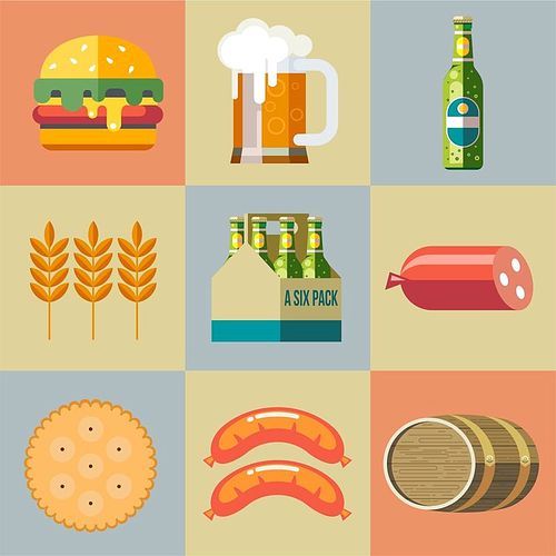 Set of vector icons. Beer mug, bottle packaging bottle of beer, hamburger, sausage, biscuits, barley ear.
