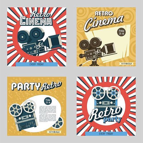 Set of four posters. Vector illustration. Retro cinema. Retro party. Depicts a vintage film camera and reel to reel tape recorder.