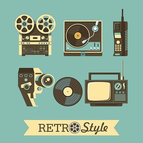 Retro appliances. A set of vector objects. Old TV reel tape recorder, cordless telephone, phonograph, vinyl record, old film camera.