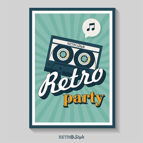 Retro music. Poster for a retro party. Cassette tape. Vector vintage icon logo.
