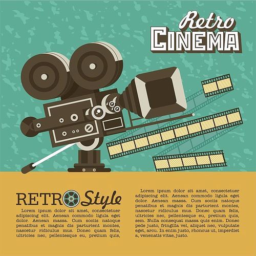 Vintage film camera. Poster in vintage style with place for text. Retro cinema.