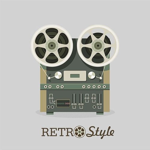Vintage reel to reel tape recorder. Vector illustration in retro style. Logo, icon.