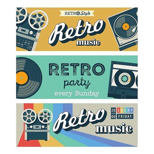 Set of vector banners. Retro music, retro party. Illustration reel to reel tape recorder, turntable for vinyl, a tape cassette in a retro style.