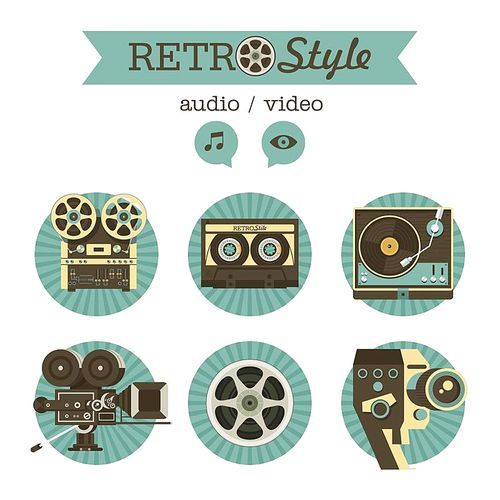 Retro movie camera reel tape recorder,tape cassette, film, the gramophone. Set of vector icons, logos.
