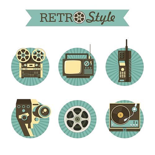 Reel to reel tape, retro TV, legacy wireless phones, film reel, vintage movie camera, gramophone. Set of vector icons, logos.