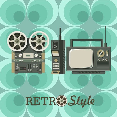 Retro appliances. Old reel tape recorder, TV and outdated cordless phone. Retro background.