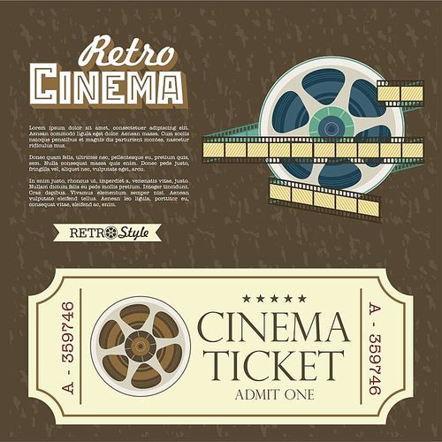 Design vintage cinema tickets. Vector poster retro movie theater with place for text. Vintage film reel, vector logo.