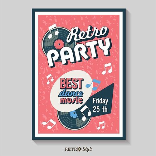 Vector poster. Retro party. The best dance music. Vintage emblem with a vinyl record.