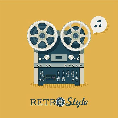 Vintage reel to reel tape recorder. Logo, icon. Vector illustration in retro style.
