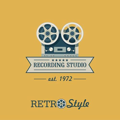 Reel to reel tape recorder. Vector logo. The emblem in retro style. Recording Studio.