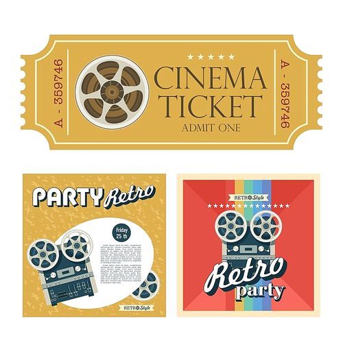Set of retro posters with the image reel to reel tape with space for text. Design vintage cinema tickets. Vector illustration.